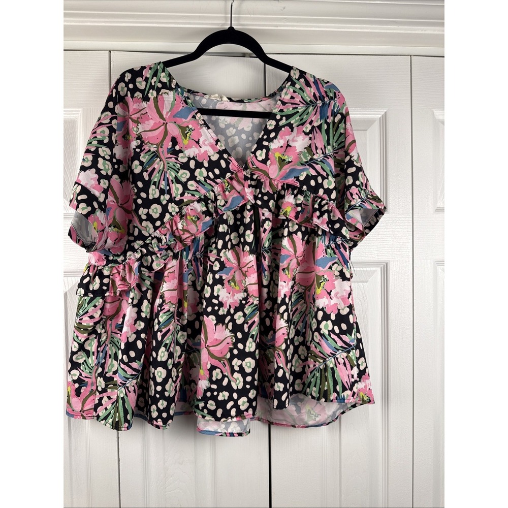 entro Black Floral Ruffle Peplum Blouse with Pink & Green Accents